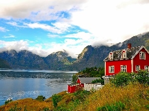 clouds, Mountains, house, lake