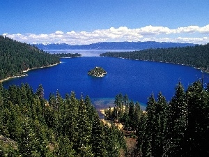 clouds, Islet, lake, woods