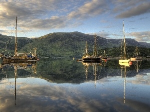 clouds, Mountains, lake, sailboats