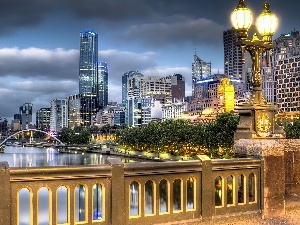 clouds, skyscrapers, River, light, bridge