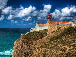 clouds, Rocks, Lighthouse, maritime