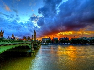 London, clouds, Great Sunsets, bridge, England, River