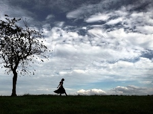 clouds, trees, Meadow, Women