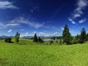 clouds, River, medows, Mountains