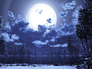 clouds, forest, winter, moon, lake