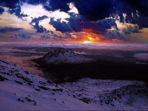 mountain, clouds, peaks