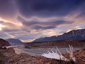 clouds, antlers, Mountains, River