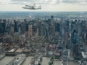 clouds, skyscrapers, panorama, plane, town