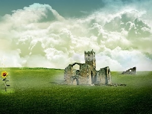 clouds, Sunflower, ruins, castle