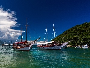 clouds, Mountains, sailboats, sea