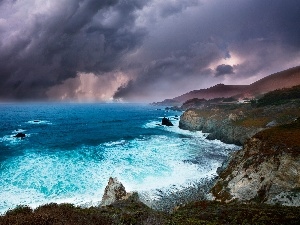 clouds, cliff, sea, rocks