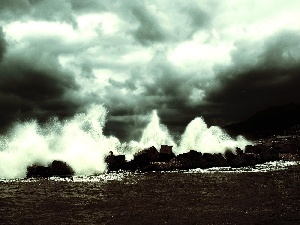 clouds, rocks, sea, Waves