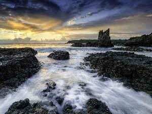 clouds, rocks, sea, Waves