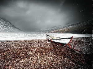 Clouds, Boat, Mountains, Sky, lake