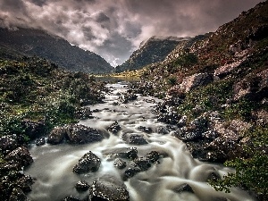 Clouds, Stones, River, Sky, Mountains