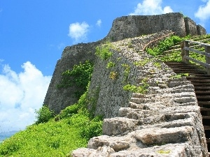 clouds, grass, sea, Sky, Stairs