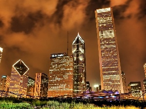 skyscrapers, clouds, illuminated