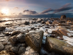 clouds, sun, sea, Stones, west