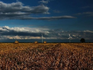 clouds, Windmills, straw, stubble