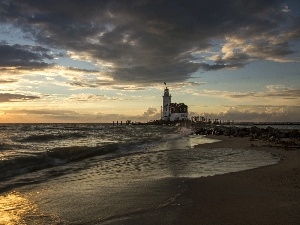 sun, clouds, Waves, Lighthouse, rays, maritime, Coast