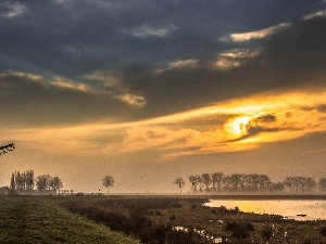 Przebijaj?ce, ligh, sun, luminosity, flash, Windmill, River, Fog, clouds