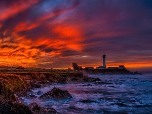 sun, clouds, rocks, Coast, west, Lighthouse, maritime