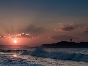 sun, clouds, Waves, Lighthouse, west, maritime, sea