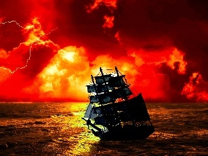 sun, clouds, west, sailing vessel, water, Storm