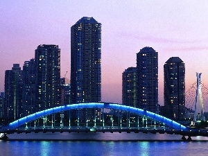 clouds, skyscrapers, Tokio, bridge