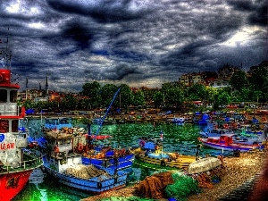clouds, Cutters, port, Turkey, motorboat