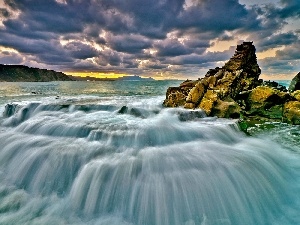 clouds, Black, water, rocks