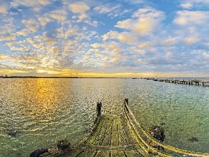 water, clouds, pier