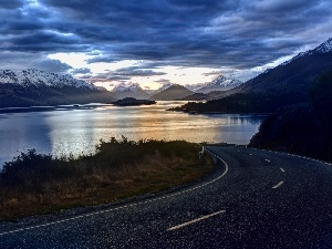 clouds, Mountains, Way, lake