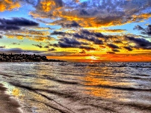 clouds, Waves, sea, west, Beaches