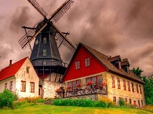 Windmill, clouds, house