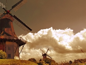 clouds, viewes, Windmills, trees
