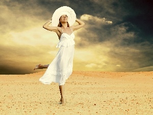 clouds, Desert, Women, Hat