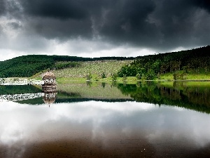 clouds, pier, woods, lake