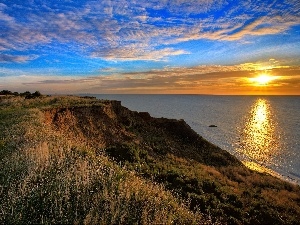 coast, sun, sea, cliff, west