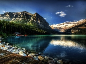 lake, Coast, Mountains