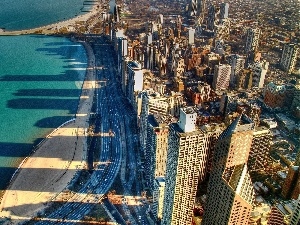 coast, Town, skyscrapers, clouds