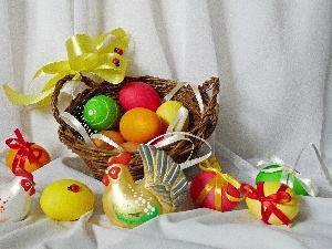 cocks, easter, basket, eggs