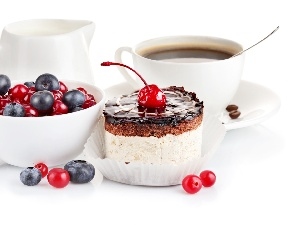 coffee, blueberries, cake, cherries