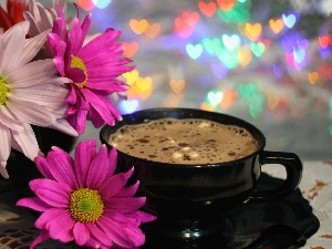 cup, coffee, gerberas