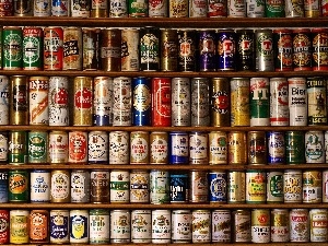 collection, bookstand, Beer, Cans