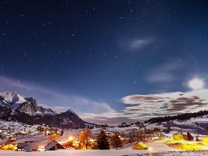 luminosity, sun, Przebijaj?ce, ligh, roads, flash, Mountains, Houses, winter, colony