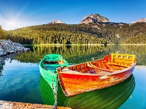 color, sun, lake, Mountains, boats, rays