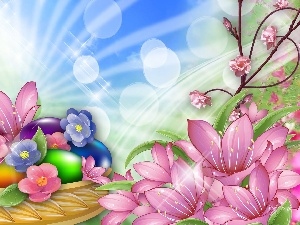 color, eggs, basket, Easter, Flowers, color
