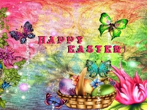 Flowers, color, basket, Easter, butterflies, color, eggs