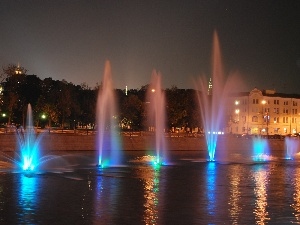 color, Fountains, Night, Moscow, light, River